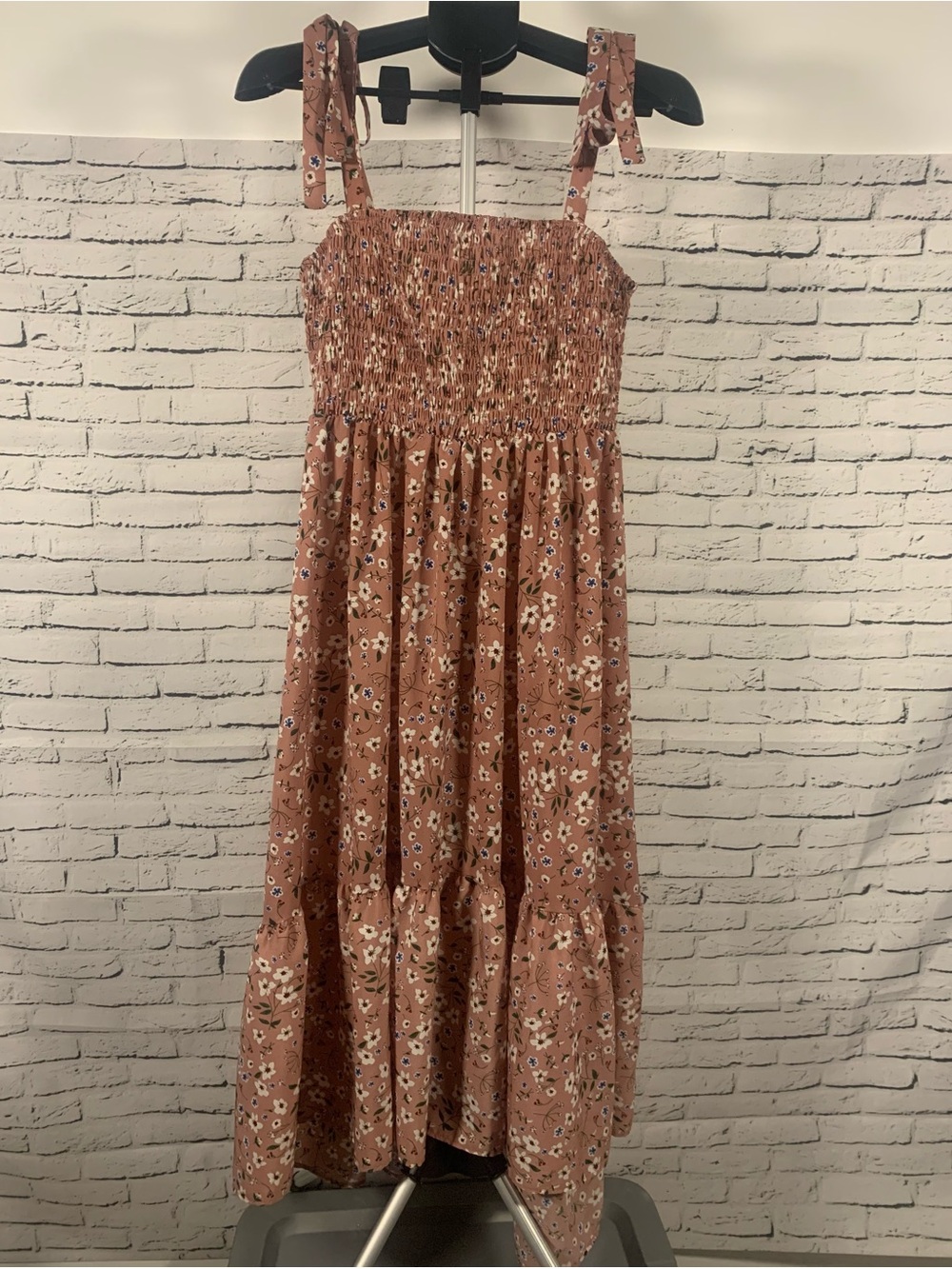 SHEIN Rust Floral Smocked Sundress with Tie Straps